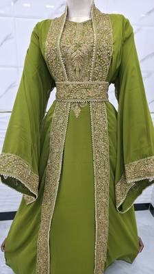 Luxury Olive Green Moroccan Kaftan Dress – Heavy Gold Embroidered Wedding & Party Wear 2