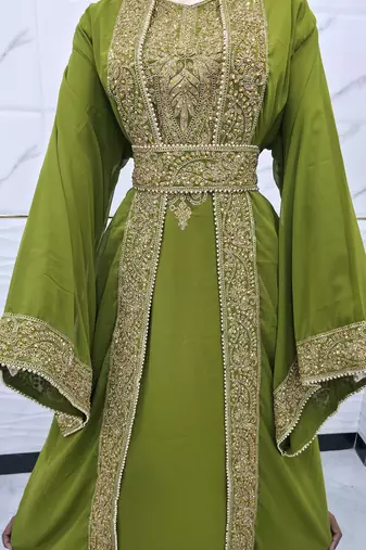 Luxury Olive Green Moroccan Kaftan Dress – Heavy Gold Embroidered Wedding & Party Wear