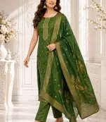 Emerald Green Dola Silk Gold-Embroidered Kurta Set