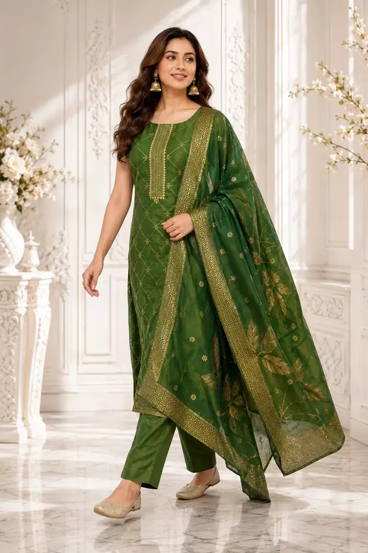 Emerald Green Dola Silk Gold-Embroidered Kurta Set