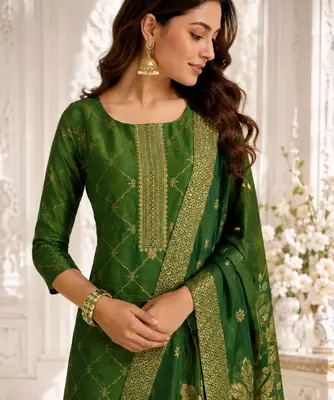 Emerald Green Dola Silk Gold-Embroidered Kurta Set 4