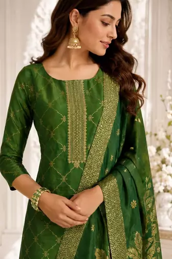 Emerald Green Dola Silk Gold-Embroidered Kurta Set
