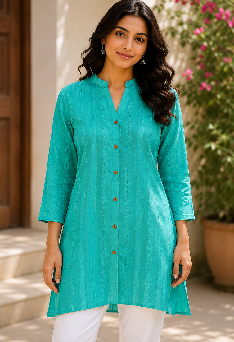 Shirt Style Mandarin Collar Button-Down Top with 3/4 Sleeves