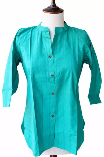 Shirt Style Mandarin Collar Button-Down Top with 3/4 Sleeves