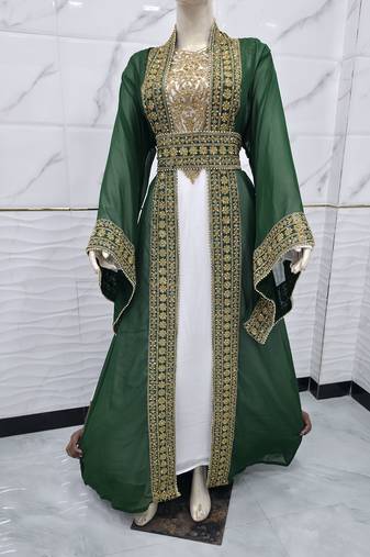 Dark Green & White Moroccan Kaftan Dress – Heavy Gold Embroidered Designer Kaftan Dresses