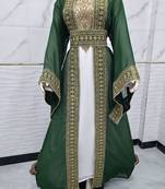 Dark Green & White Moroccan Kaftan Dress – Heavy Gold Embroidered Designer Kaftan Dresses