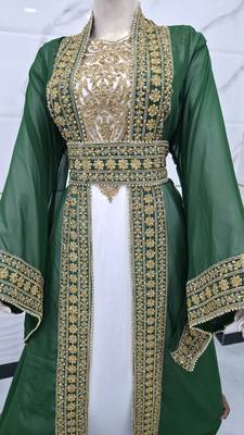 Dark Green & White Moroccan Kaftan Dress – Heavy Gold Embroidered Designer Kaftan Dresses 2