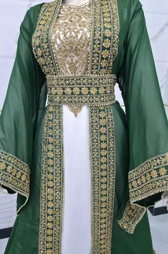 Dark Green & White Moroccan Kaftan Dress – Heavy Gold Embroidered Designer Kaftan Dresses