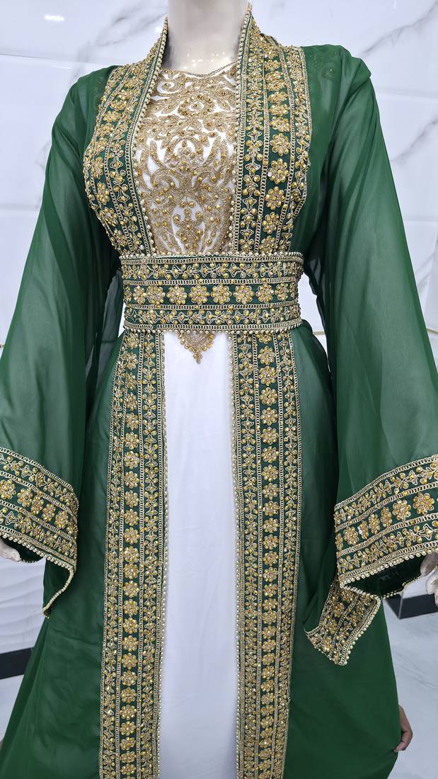 Dark Green & White Moroccan Kaftan Dress – Heavy Gold Embroidered Designer Kaftan Dresses