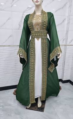 Dark Green & White Moroccan Kaftan Dress – Heavy Gold Embroidered Designer Kaftan Dresses 3