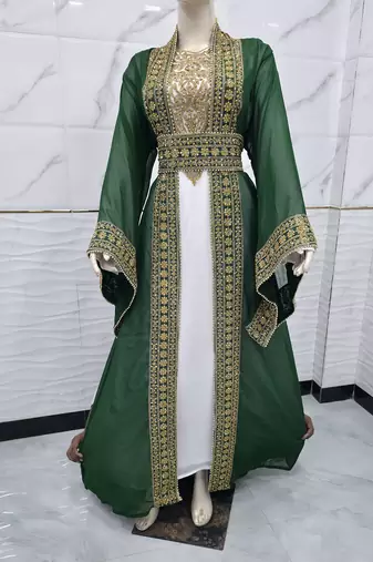 Dark Green & White Moroccan Kaftan Dress – Heavy Gold Embroidered Designer Kaftan Dresses