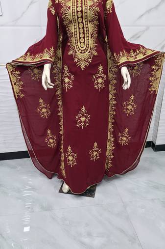 Maroon Gold Embroidered Moroccan Kaftan Stitched Dress Luxury Zari Work Farasha