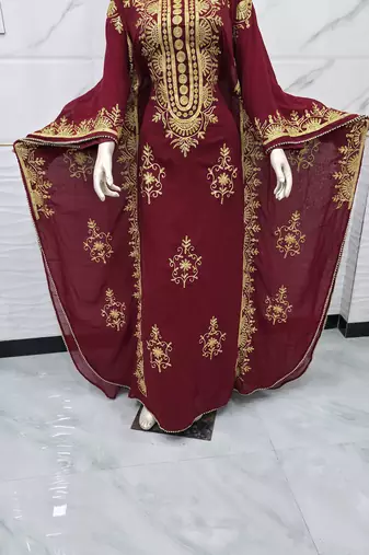 Maroon Gold Embroidered Moroccan Kaftan Stitched Dress Luxury Zari Work Farasha