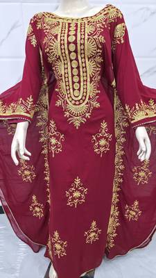 Maroon Gold Embroidered Moroccan Kaftan Stitched Dress Luxury Zari Work Farasha 2