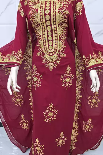 Maroon Gold Embroidered Moroccan Kaftan Stitched Dress Luxury Zari Work Farasha