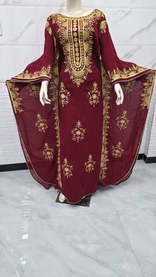 Maroon Gold Embroidered Moroccan Kaftan Stitched Dress Luxury Zari Work Farasha 3