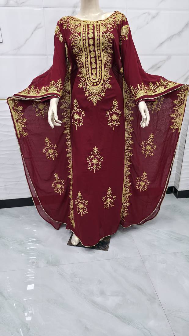 Maroon Gold Embroidered Moroccan Kaftan Stitched Dress Luxury Zari Work Farasha