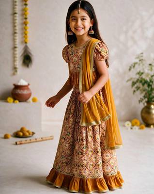 Vastramay Girls Mustard Patola Print Cotton Lehenga Choli with Dupatta 1