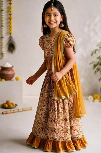 Vastramay Girls Mustard Patola Print Cotton Lehenga Choli with Dupatta