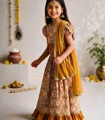 Vastramay Girls Mustard Patola Print Cotton Lehenga Choli with Dupatta