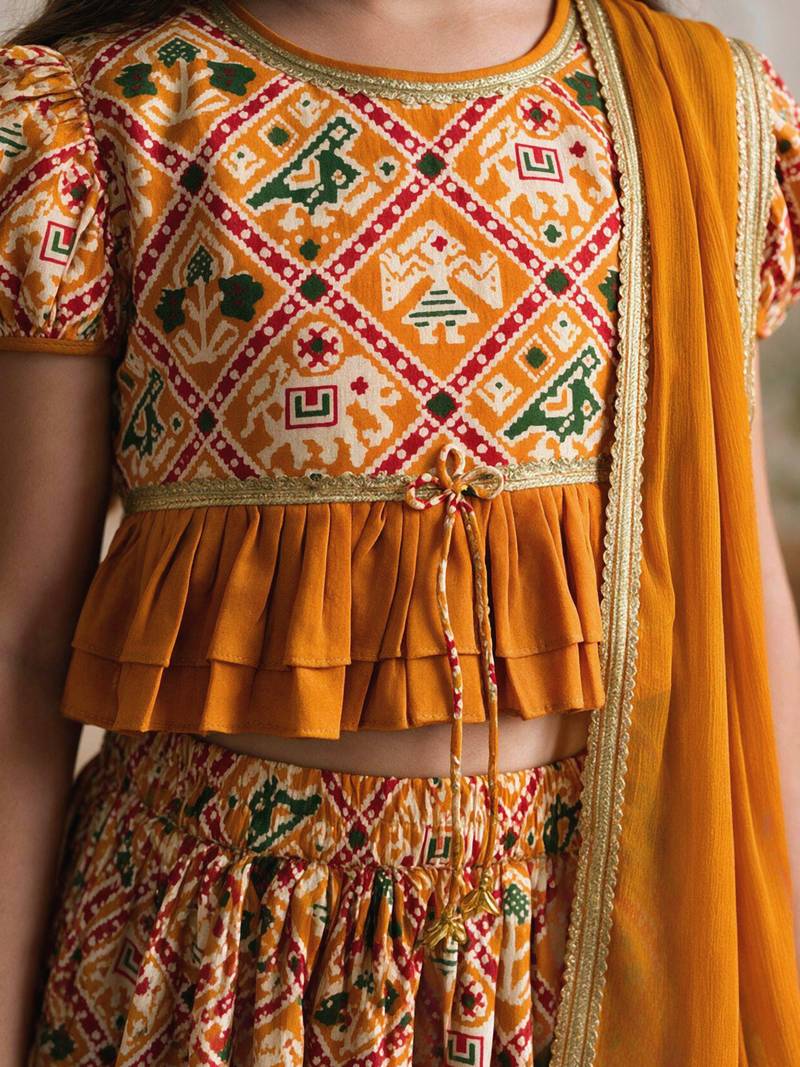 Vastramay Girls Mustard Patola Print Cotton Lehenga Choli with Dupatta