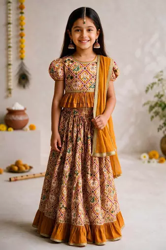 Vastramay Girls Mustard Patola Print Cotton Lehenga Choli with Dupatta