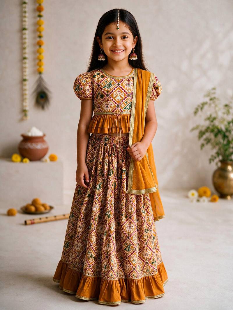 Vastramay Girls Mustard Patola Print Cotton Lehenga Choli with Dupatta