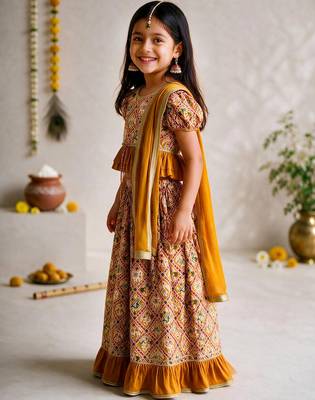 Vastramay Girls Mustard Patola Print Cotton Lehenga Choli with Dupatta 4