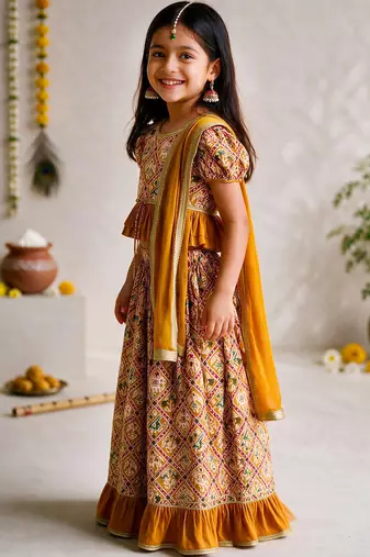Vastramay Girls Mustard Patola Print Cotton Lehenga Choli with Dupatta