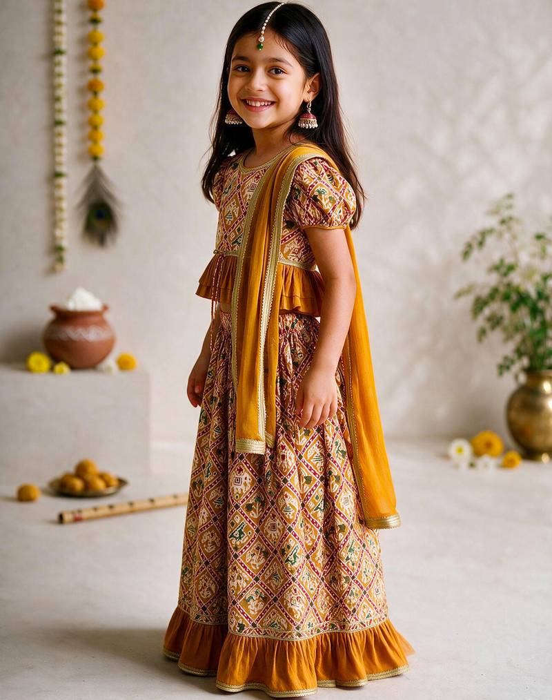 Vastramay Girls Mustard Patola Print Cotton Lehenga Choli with Dupatta