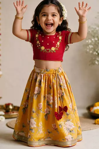 Vastramay Sishu Girls Yellow & Red Embroidered Choli with Printed Lehenga