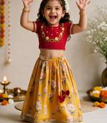 Vastramay Sishu Girls Yellow & Red Embroidered Choli with Printed Lehenga