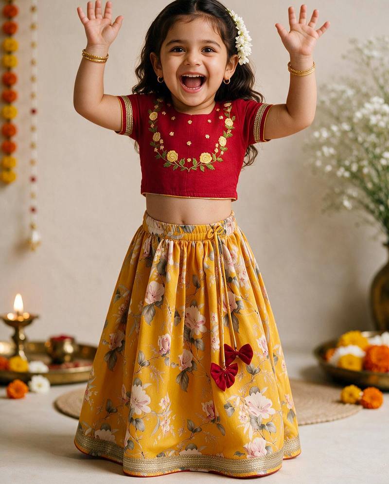 Vastramay Sishu Girls Yellow & Red Embroidered Choli with Printed Lehenga