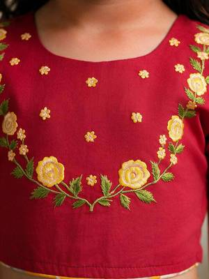 Vastramay Sishu Girls Yellow & Red Embroidered Choli with Printed Lehenga 2