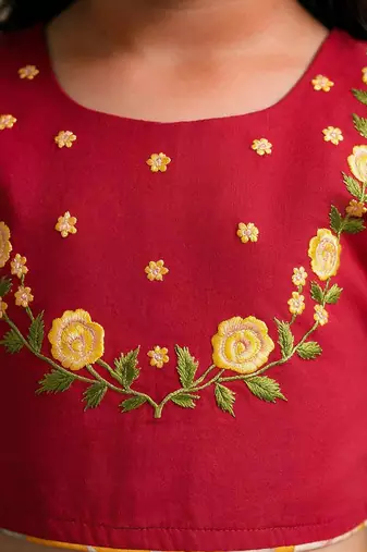 Vastramay Sishu Girls Yellow & Red Embroidered Choli with Printed Lehenga