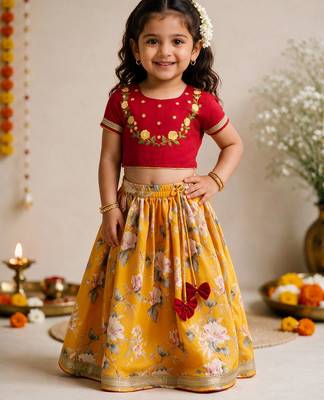 Vastramay Sishu Girls Yellow & Red Embroidered Choli with Printed Lehenga 3