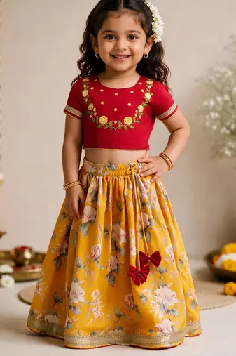 Vastramay Sishu Girls Yellow & Red Embroidered Choli with Printed Lehenga