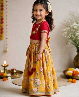 Vastramay Sishu Girls Yellow & Red Embroidered Choli with Printed Lehenga 4