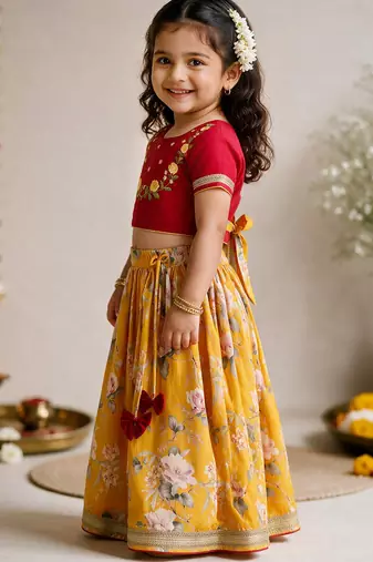 Vastramay Sishu Girls Yellow & Red Embroidered Choli with Printed Lehenga