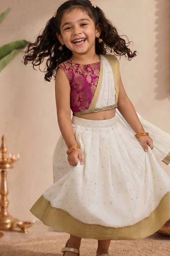 Vastramay Sishu Girl Pink Lehenga choli With Attached Pleated Duppata