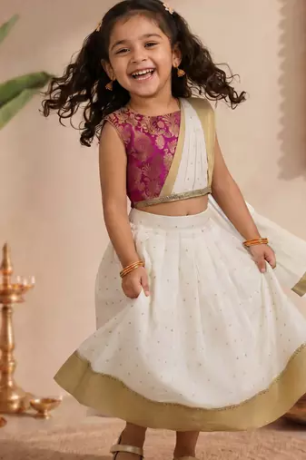 Vastramay Sishu Girl Pink Lehenga choli With Attached Pleated Duppata