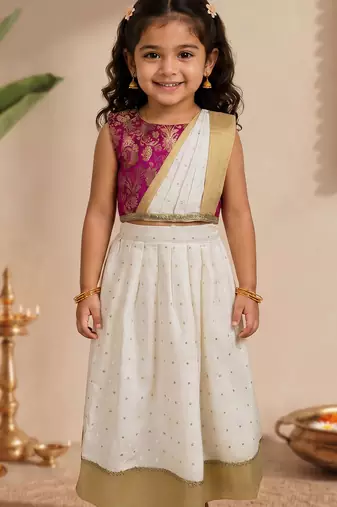Vastramay Sishu Girl Pink Lehenga choli With Attached Pleated Duppata