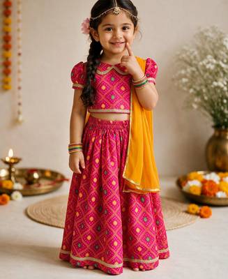 Vastramay Sishu Girls Pink Bandhani Print Cotton Lehenga Choli with Dupatta 1