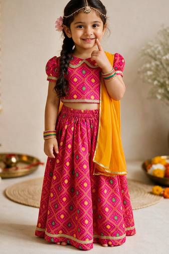Vastramay Sishu Girls Pink Bandhani Print Cotton Lehenga Choli with Dupatta