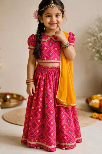 Vastramay Sishu Girls Pink Bandhani Print Cotton Lehenga Choli with Dupatta