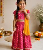 Vastramay Sishu Girls Pink Bandhani Print Cotton Lehenga Choli with Dupatta