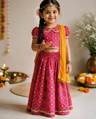 Vastramay Sishu Girls Pink Bandhani Print Cotton Lehenga Choli with Dupatta 3
