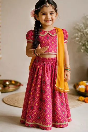 Vastramay Sishu Girls Pink Bandhani Print Cotton Lehenga Choli with Dupatta