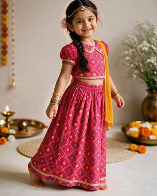 Vastramay Sishu Girls Pink Bandhani Print Cotton Lehenga Choli with Dupatta 4