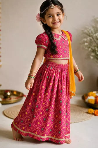 Vastramay Sishu Girls Pink Bandhani Print Cotton Lehenga Choli with Dupatta